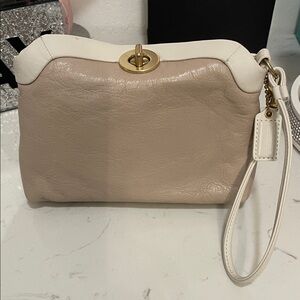 Coach Leather Wristlet Clutch in Taupe and Ivory with Turnlock